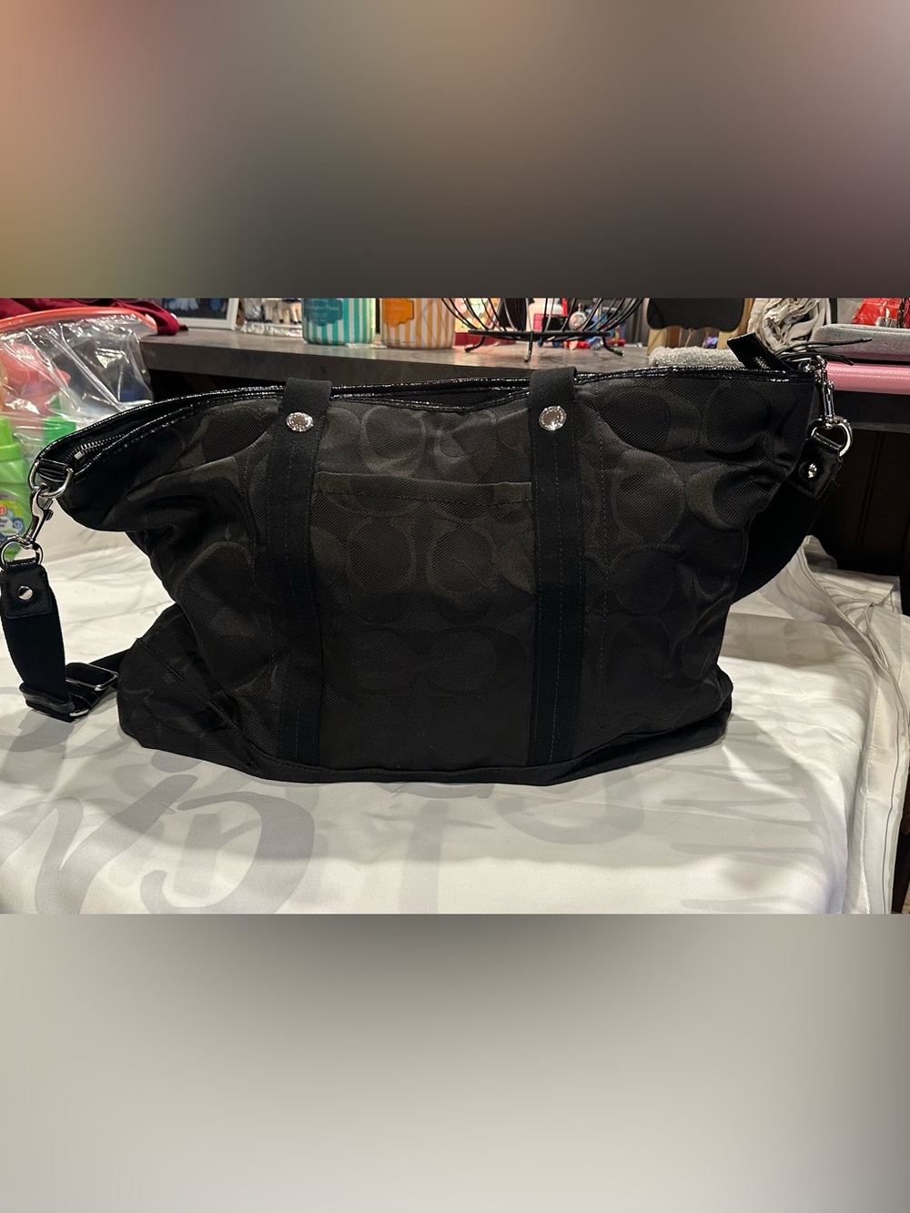 Coach Black Signature Jacquard Weekender Tote with Shiny Trim